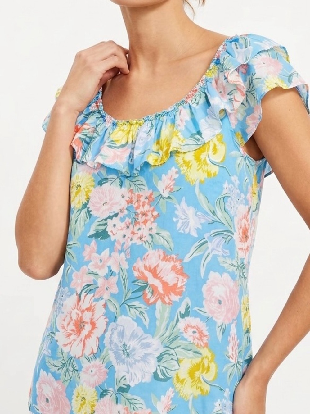 LOFT Garden Ruffle Floral Shell Blouse Blue MP Cottagecore Romantic Lined